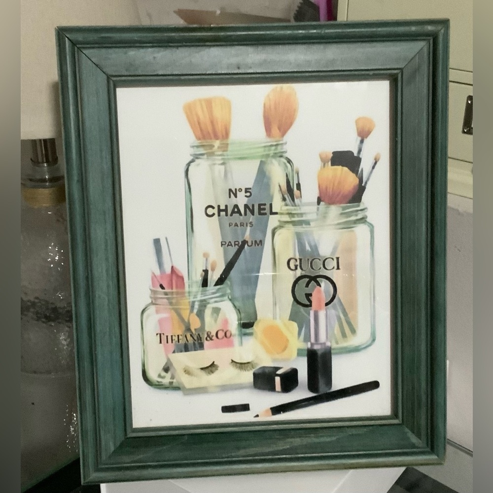 Framed Makeup Vanity Art Chanel Gucci Tiffany 10.5x12 Green Wood Tabletop Decor